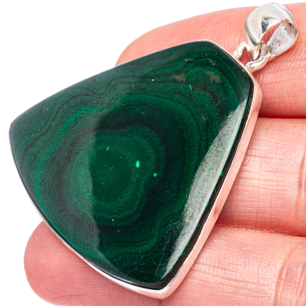Malachite pendant in silver bezel with triangular stone and loop bail, 925 sterling silver