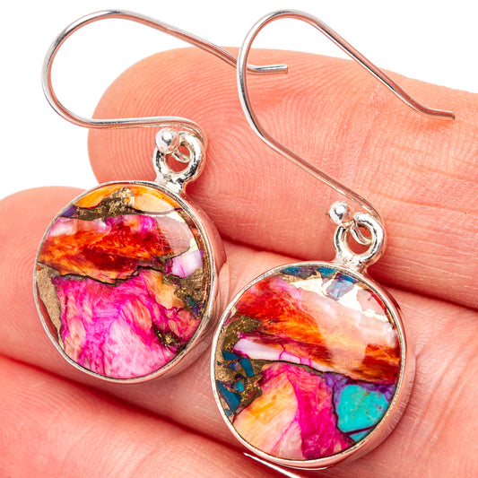 Round sterling silver dangle earrings with multicolor turquoise stone cabochons