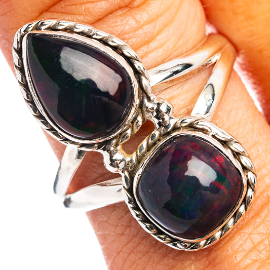 Sterling silver double-oval opal ring with dark green and red-blue stones, size 10.5