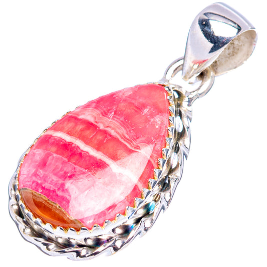 Pink rhodochrosite teardrop pendant in .925 sterling silver with scalloped edge and bail