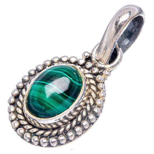 Sterling silver malachite oval pendant with textured bezel and loop bail