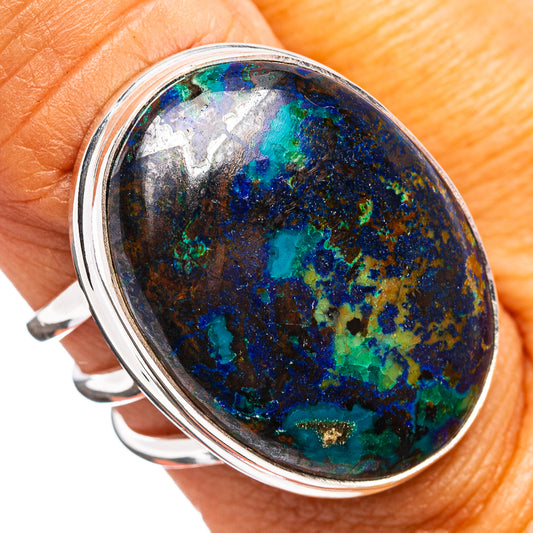 Sterling silver ring with oval azurite-malachite stone, blue-green mottled center