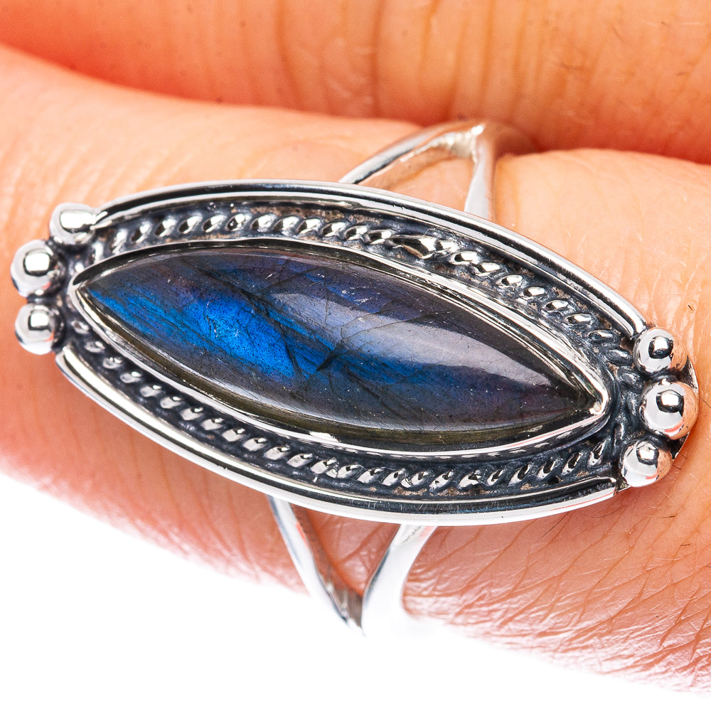Labradorite marquise sterling silver ring with blue flash and scalloped bezel border