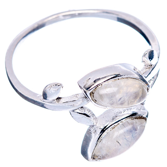 Sterling silver leaf dainty ring featuring three oval moonstone cabochons, size 6