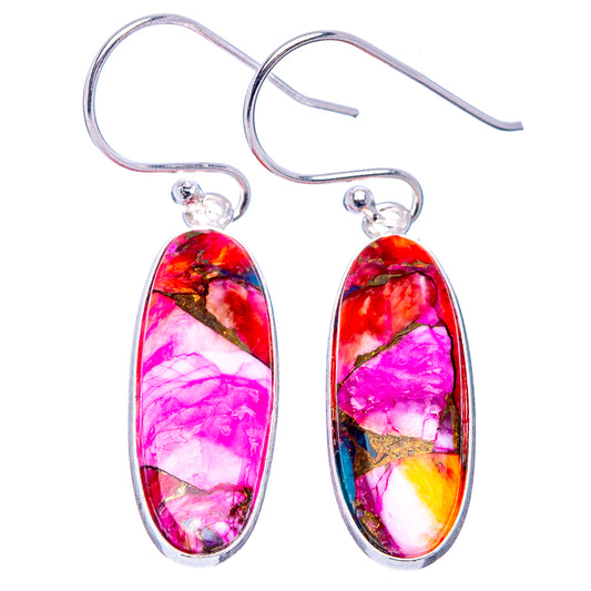 Sterling silver oval drop earrings with pink, red, and turquoise stone inlay pattern