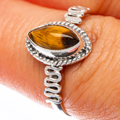Sterling silver dainty ring with oval tiger eye stone, ornate wrap band, size 6.75