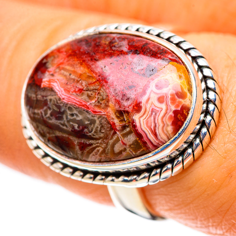 Sterling silver ring with oval crazy lace agate cabochon, silver rope bezel