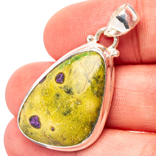 Stichtite sterling silver teardrop pendant with green-yellow stone and purple speckles