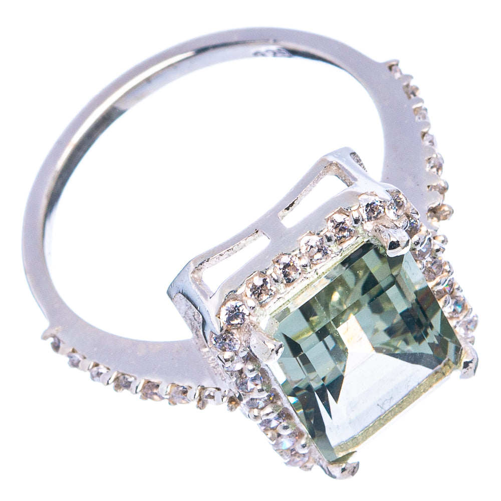 Faceted Green Amethyst, Cubic Zirconia Ring Size 6 (.925 Sterling Silver)