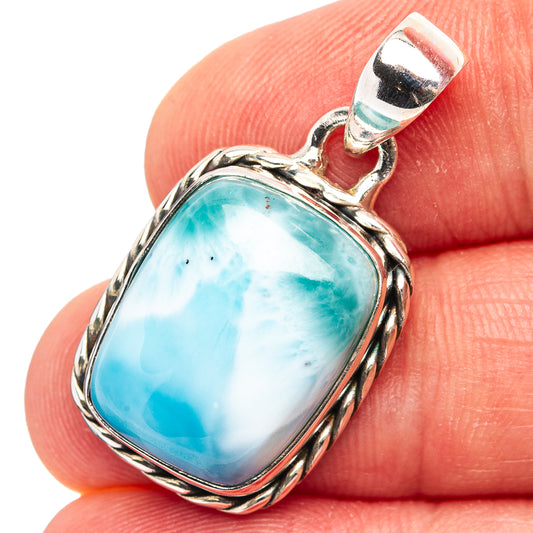 Oval larimar gemstone pendant in .925 sterling silver with bail, framed by twisted rope