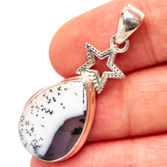 Sterling silver opal pendant with dendritic black stone, teardrop with star bail