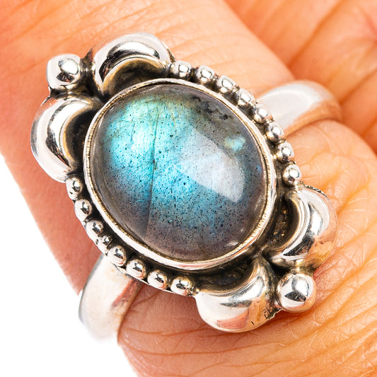 Sterling silver labradorite oval ring with beaded bezel and blue-gray flash