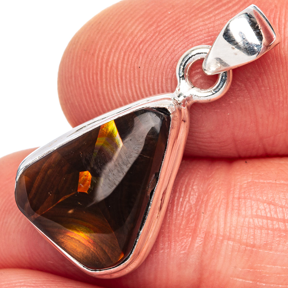 Sterling silver Mexican fire agate pendant with teardrop dark-brown gem and fiery orange flashes
