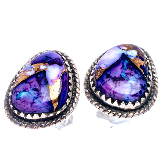 Pair of oval purple-blue turquoise gemstone earrings with rope-textured sterling silver settings