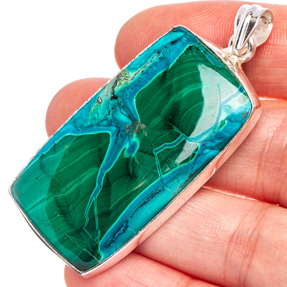 Large Malachite In Chrysocolla Pendant 2 1/4" (925 Sterling Silver) P40432