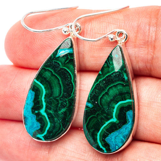 Teardrop malachite and chrysocolla drop earrings in .925 sterling silver, close-up