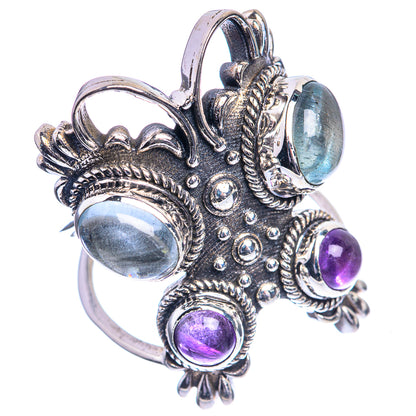 Large Natural Aquamarine, Amethyst 925 Sterling Silver Ring Size 7.5
