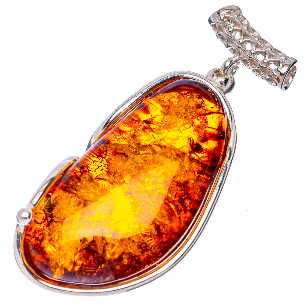 925 sterling silver pendant with oval Baltic amber gemstone, golden-brown marbled