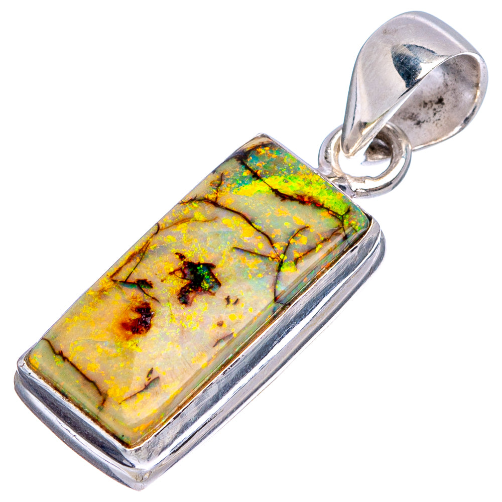 Sterling silver opal pendant, rectangular cabochon with bright green and yellow flashes