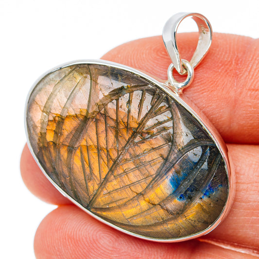 Hand Carved Premium Labradorite Pendant 1 1/2" (.925 Sterling Silver)