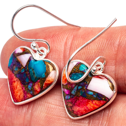 Sterling silver heart earrings with turquoise bead and pink, blue, gold mosaic design