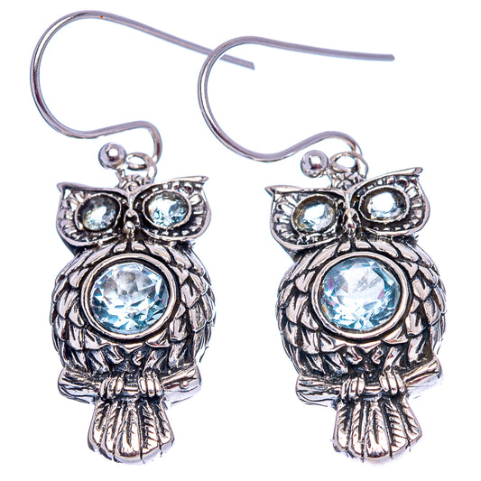 Sterling silver owl earrings, three blue round stones with textured feather detailing