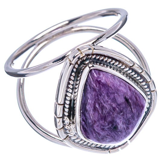 Sterling silver charoite ring with oval purple cabochon and scalloped prong setting