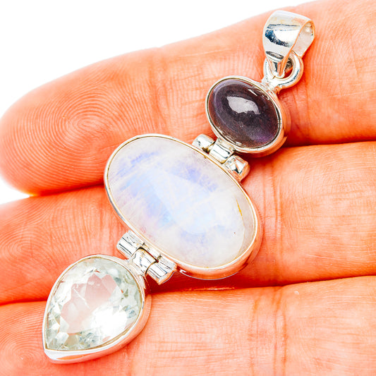 Premium Multi-Gem Rainbow Moonstone, Green Amethyst, Labradorite Pendant 2 1/8" (.925 Sterling Silver)