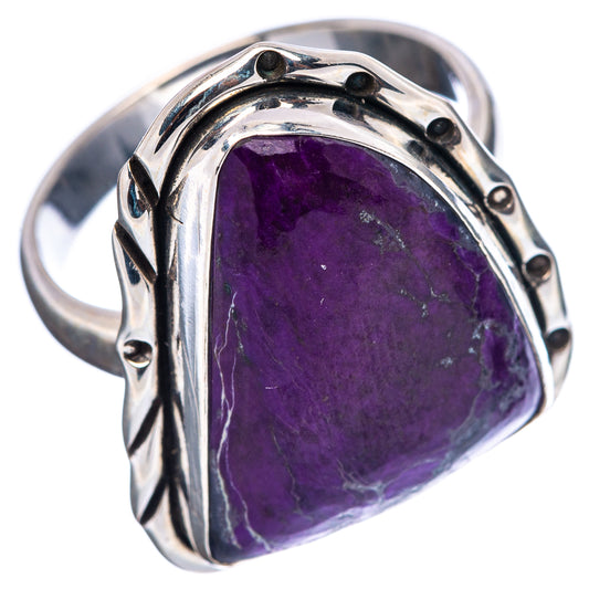 Sterling silver ring with oval purple sugilite stone, scalloped bezel and side accents
