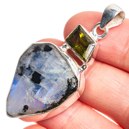Sterling silver pendant with raw rainbow moonstone teardrop and green peridot square