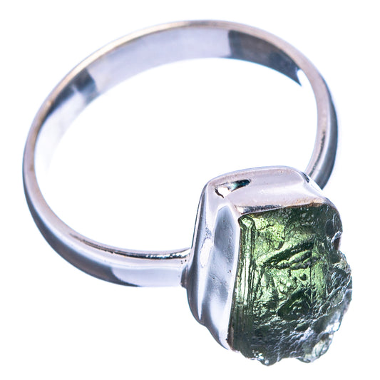 Sterling silver moldavite ring, green stone in bezel setting, size 6.25
