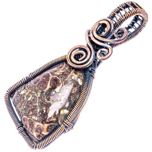 Oxidized copper wire-wrapped agate pendant, teardrop stone with spiral wire loops