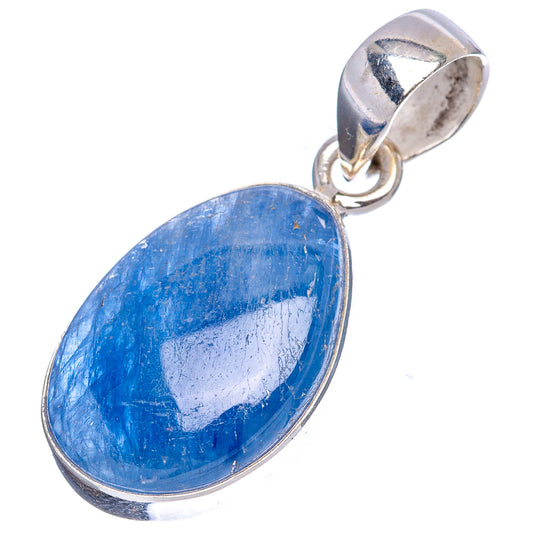 Blue oval kyanite gemstone pendant with polished .925 sterling silver frame and bail