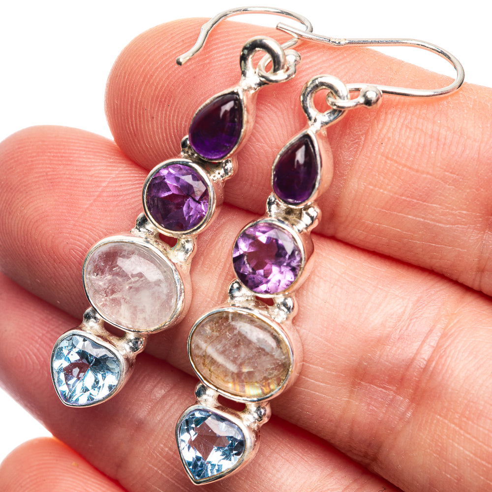 Rainbow Moonstone, Blue Topaz, Amethyst Earrings 1 7/8" (925 Sterling Silver) E432532