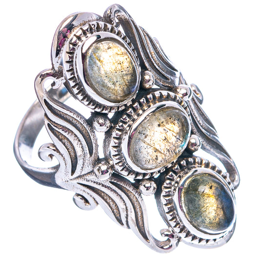 Labradorite .925 sterling silver ring with three oval stones, silver ornate scrollwork, size 7.5