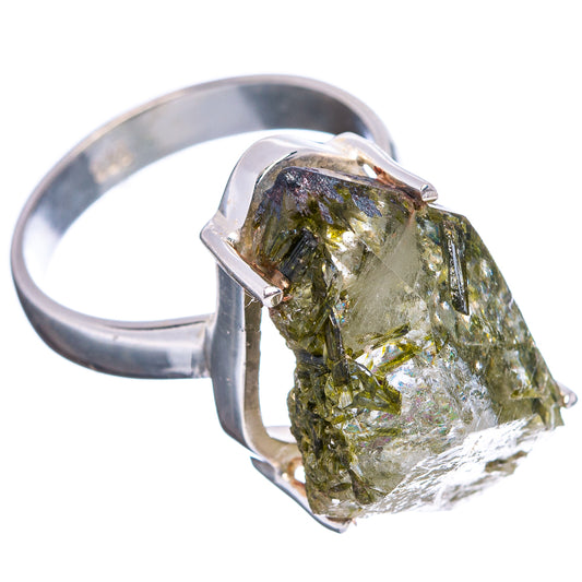 Sterling silver raw epidote quartz ring with large rough stone, side view