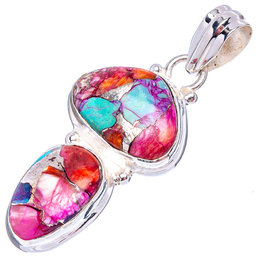 Double-oval turquoise and pink stone pendant, sterling silver bail and clasp loop