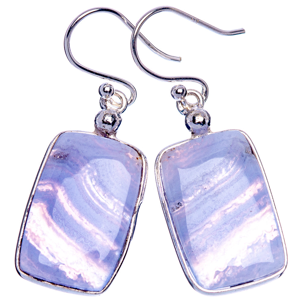 Rectangular blue-lace agate earrings in silver frames with round-spring hooks