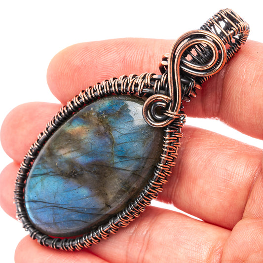 Oxidized copper wire-wrap labradorite teardrop pendant with spiral bail