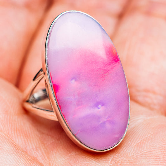 Oval pink opal gemstone ring in sterling silver bezel, size 8