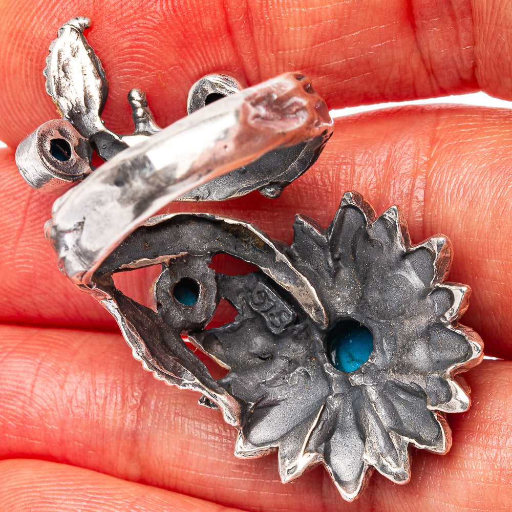 Kingman Turquoise Flower Ring Size 9 Adjustable (.925 Sterling Silver)