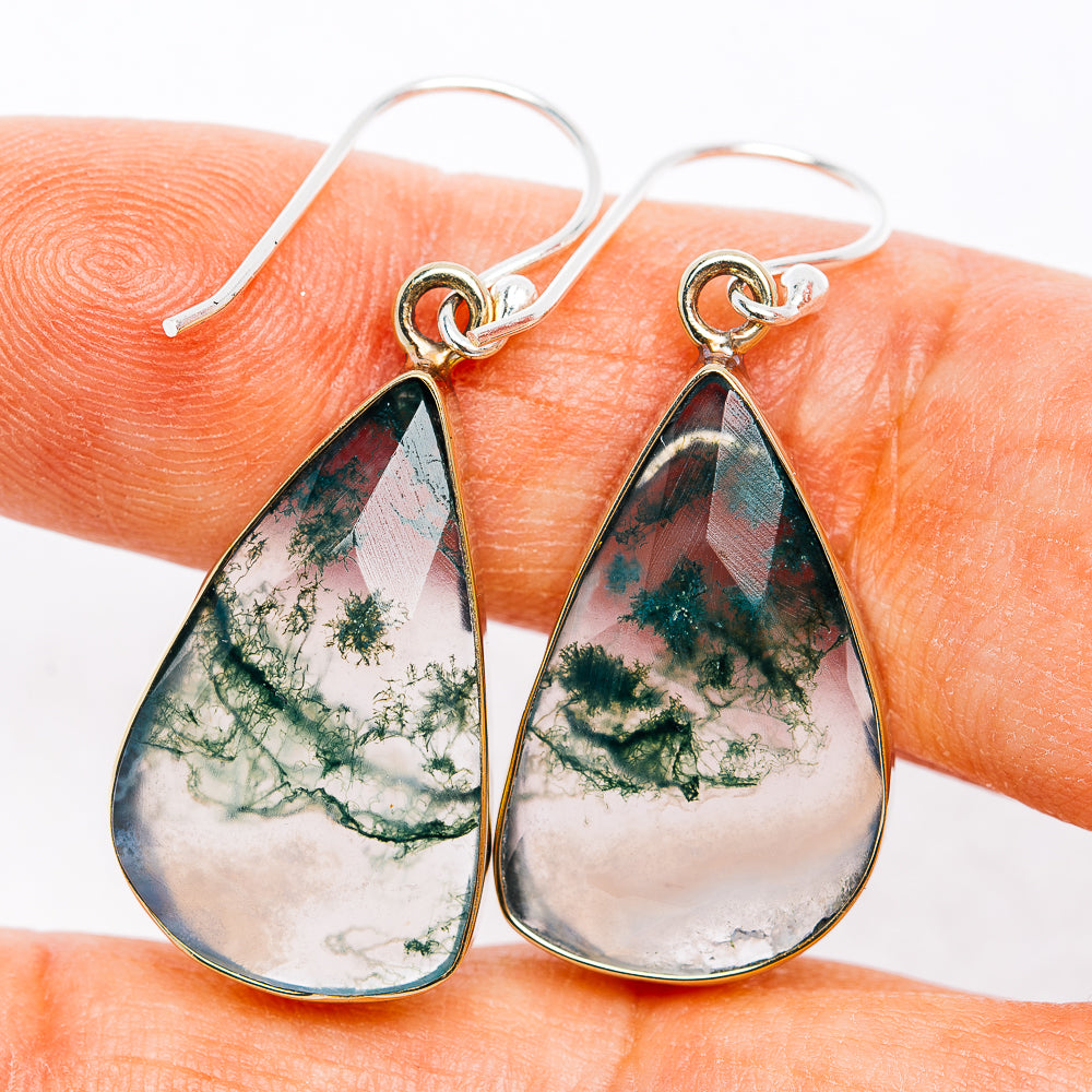 Green Moss Agate Earrings 1 5/8" (German Silver)