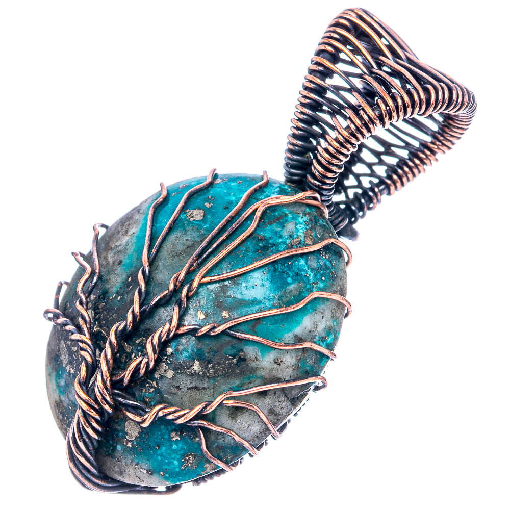 Oxidized copper wire tree of life pendant with turquoise cabochon and looped vine frame
