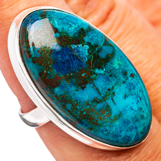 Shattuckite cabochon oval ring in .925 sterling silver, teal blue with dark matrix