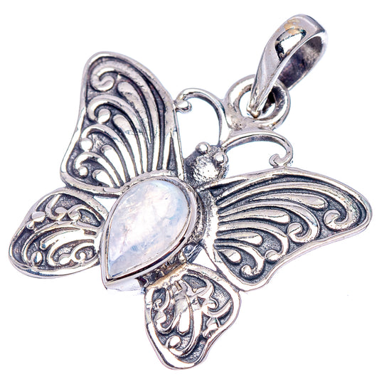 925 sterling silver butterfly pendant, rainbow moonstone oval, detailed wing filigree