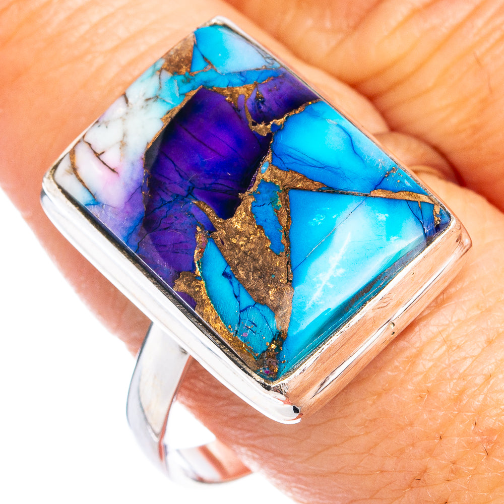 Sterling silver ring with rectangular inlay of purple, turquoise, and gold matrix