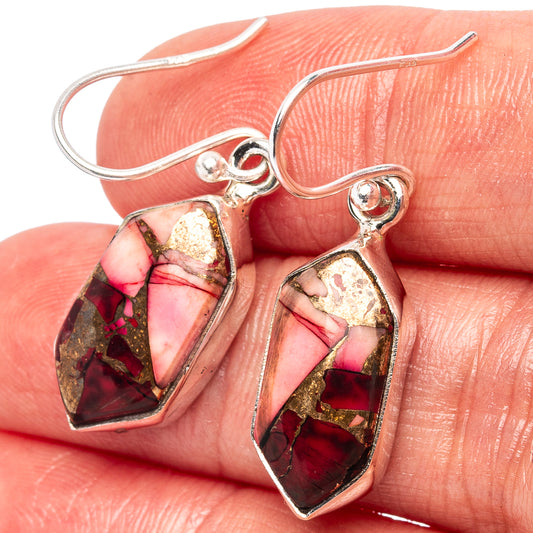 Sterling silver drop earrings with marbled red, pink, and purple stone cabochon