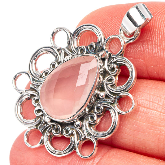 925 sterling silver rose quartz pear pendant, ornate filigree with heart-like loops
