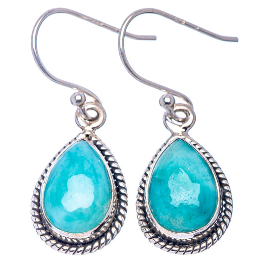 Turquoise larimar teardrop earrings in .925 sterling silver with dangling hook backs