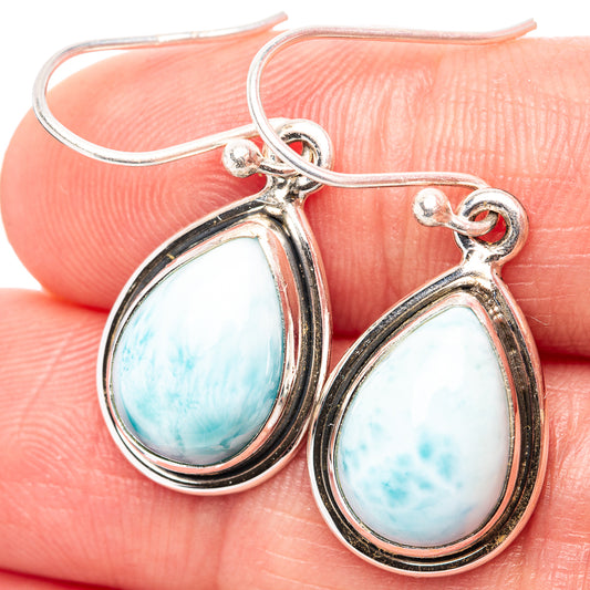 Rare Larimar teardrop earrings in .925 sterling silver, blue stone, hook back